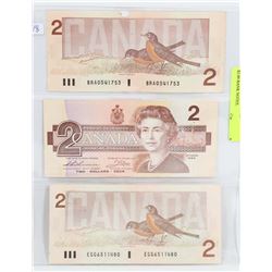 LOT OF 3 CANADIAN 1986 ROBIN $2.00 BANK NOTES.