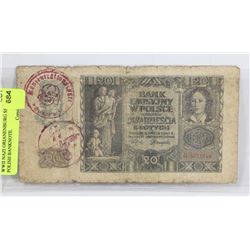WWII NAZI ORIANENBURG SS POLISH BANKNOTE.