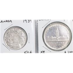 CANADA 1939 SILVER DOLLAR AND FIFTY CENT COINS.