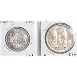 CANADA 1958 SILVER DOLLAR AND FIFTY CENT COINS.