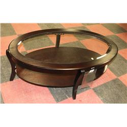 WOOD AND GLASS OVAL COFFEE TABLE - AS IS