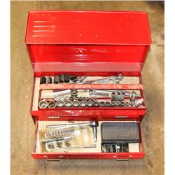 28) TOOL BOX WITH LARGE ASSORTMENT OF SOCKETS &