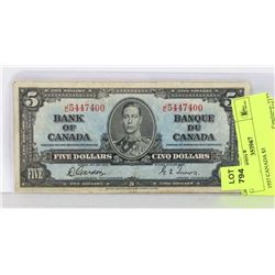 1937 CANADA $5 BILL
