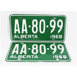 SET OF 2 ALBERTA 1968 LICENSE PLATES.