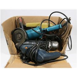 27) BOX OF POWER TOOLS INCL GRINDERS.