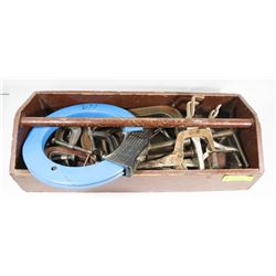 32) WOOD TOOL CADDY WITH ASSORTMENT OF CLAMPS &