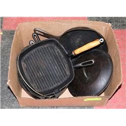 3) BOX OF ASSORTED CAST IRON PANS