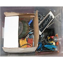 BOX OF ASSORTED TOOLS, INCLUDING SOCKETS AND MORE