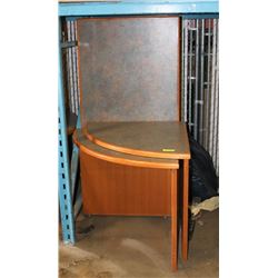 PAIR OF OAK TRIM ARBORITE TOP CORNER WORK TABLES