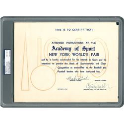 Babe Ruth 1940 New York World's Fair Academy of Sport Signed Certificate - PSA/DNA NM-MT 8