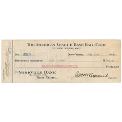 Carl Mays 1922 Signed Payroll Check