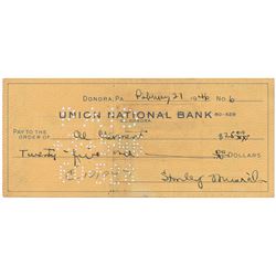 Stan Musial 1946 Signed Bank Check (MVP Season)