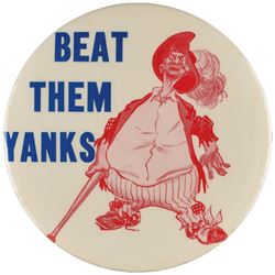 Exceedingly RARE 3.5 inch World Series "Red" Bum "Beat the Yanks" Pinback