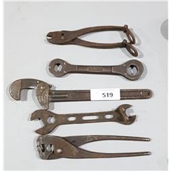 FIVE ANTIQUE WRENCHES