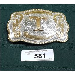 LARGE FANCY BELT BUCKLE W/LETTER T