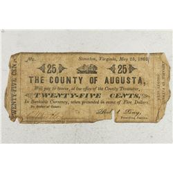 1862 COUNTY OF AUGUSTA, STAUNTON, VIRGINIA 25 CENT