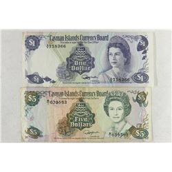 CAYMAN ISLANDS 1974 $1 AND 1991-$5