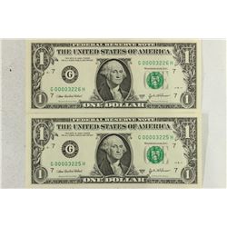 2-2003-A $1 FRN'S LOW CONSECUTIVE SERIAL 'S UNC