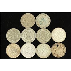 10 ASSORTED 1958-1966 MEXICO .100 SILVER PESOS