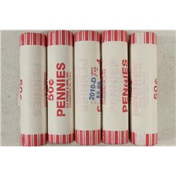 5-50 CENT ROLLS OF 2010-D LINCOLN SHIELD CENTS BU