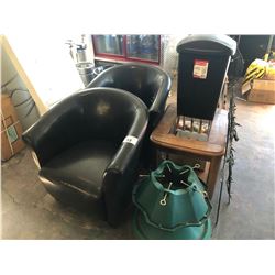 PAIR OF BLACK TUB CHAIRS, END TABLE, CHRISTMAS DECOR & TRASH CAN