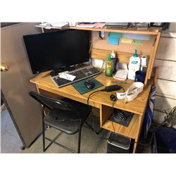 WOODEN COMPUTER STAND WITH COMPUTER TOWER, MONITOR & PRINTER, INCLUDES WOODEN SHELF