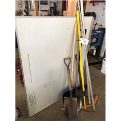 LOT OF ASSORTED GARDEN TOOLS, WHITEBOARD & MORE