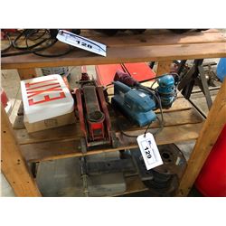 MAKITA BELT SANDER, PALM SANDER, FLOOR JACK & PAIR OF EXIT SIGNS