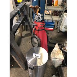 STAINLESS STEEL GARBAGE CAN & SET OF GOLF CLUBS