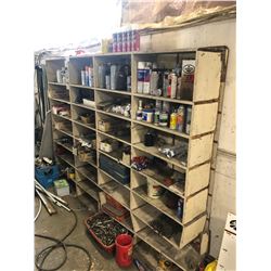 CONTENTS OF WOODEN SHELVING INCLUDING FLUIDS, PARTS, HARDWARE & MORE