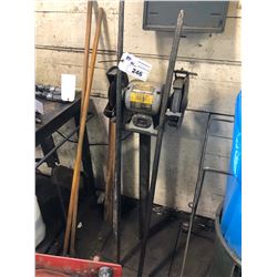 TRADEMASTER 8 INCH BENCH GRINDER ON STAND WITH ASSORTED BROOMS/CROWBARS