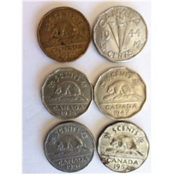 LOT OF 6 CNDN NICKELS (1942, 44, 46, 47, 51, 52)