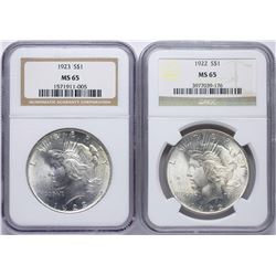 Lot of 1922-1923 $1 Peace Silver Dollar Coins NGC MS65