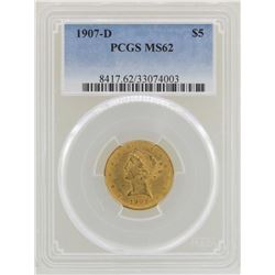 1907-D $5 Liberty Head Half Eagle Gold Coin PCGS MS62