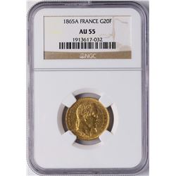 1865A France 20 Francs Gold Coin NGC AU55