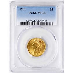 1901 $5 Liberty Head Half Eagle Gold Coin PCGS MS64