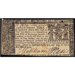 April 10, 1774 $4 Maryland Colonial Currency Note