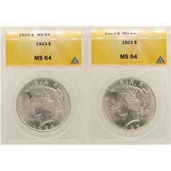 Lot of (2) 1923 $1 Peace Silver Dollar Coins ANACS MS64