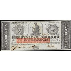 1862 $5 The State of Georgia Obsolete Note Civil War Era