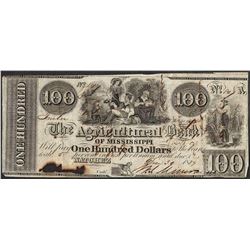 1839 $100 Agricultural Bank of Mississippi Natchez Obsolete Note