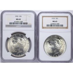 Lot of 1922-1923 $1 Peace Silver Dollar Coins NGC MS65