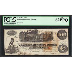 1862 $100 Confederate States of America Note T-39 PCGS New 62PPQ