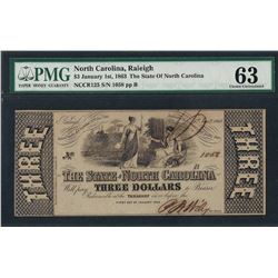 1863 $3 The State of North Carolina Obsolete Note PMG Choice Uncirculated 63