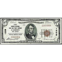 1929 $5 Camden, New Jersey CH# 1209 National Currency Note