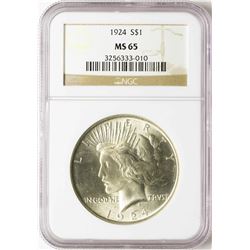 1924 $1 Peace Silver Dollar Coin NGC MS65