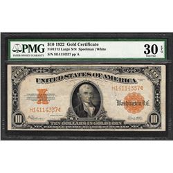 1922 $10 Gold Certificate Note Fr.1173 Large S/N PMG Very Fine 30EPQ