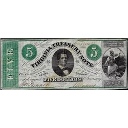 1862 $5 Virginia Treasury Obsolete Note