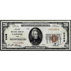 1929 $20 Clinton, IA CH# 2469 National Currency Note