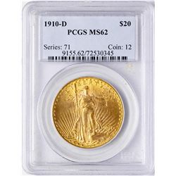 1910-D $20 St. Gaudens Double Eagle Gold Coin PCGS MS62