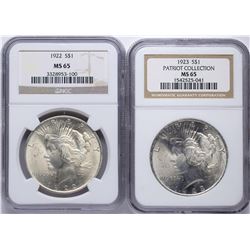 Lot of 1922-1923 $1 Peace Silver Dollar Coins NGC MS65